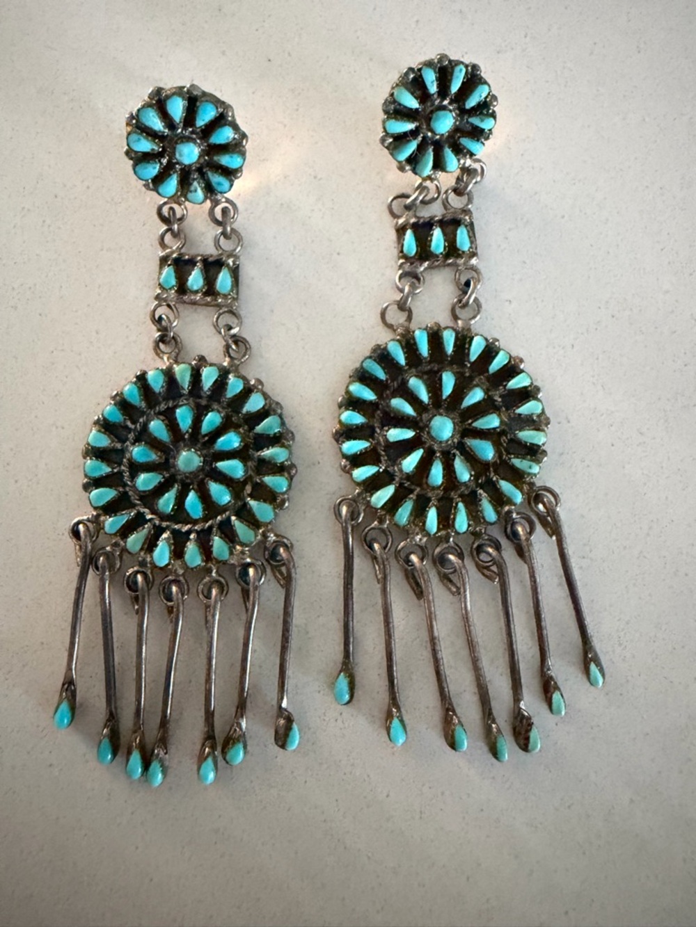 Zuni Turquoise & Sterling Silver Vintage Chandelier Earrings